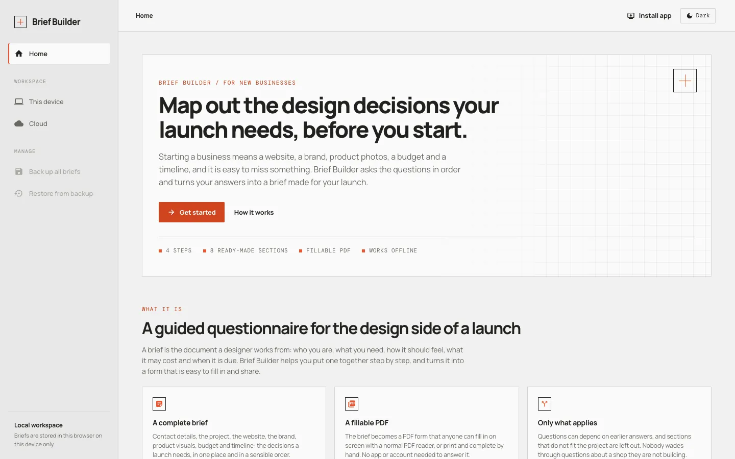 Brief Builder’s landing page: ‘Map out the design decisions your launch needs, before you start’, with a How it works list.