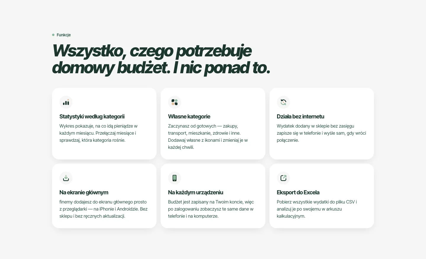 Finemy’s features section: statistics by category, custom categories, works offline, home screen, every device, export to Excel.
